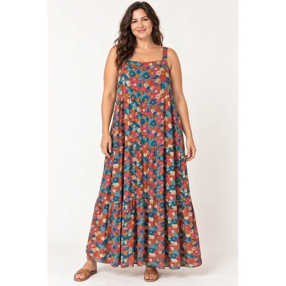 Natural Life Maxi Dress XL Blue Pink Floral Tiered Boho Spaghetti Strap Rayon